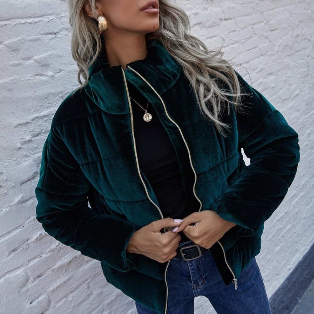Cozy emerald green zipper velvet puffy bomber jacket Coat - Picture 2 of 7